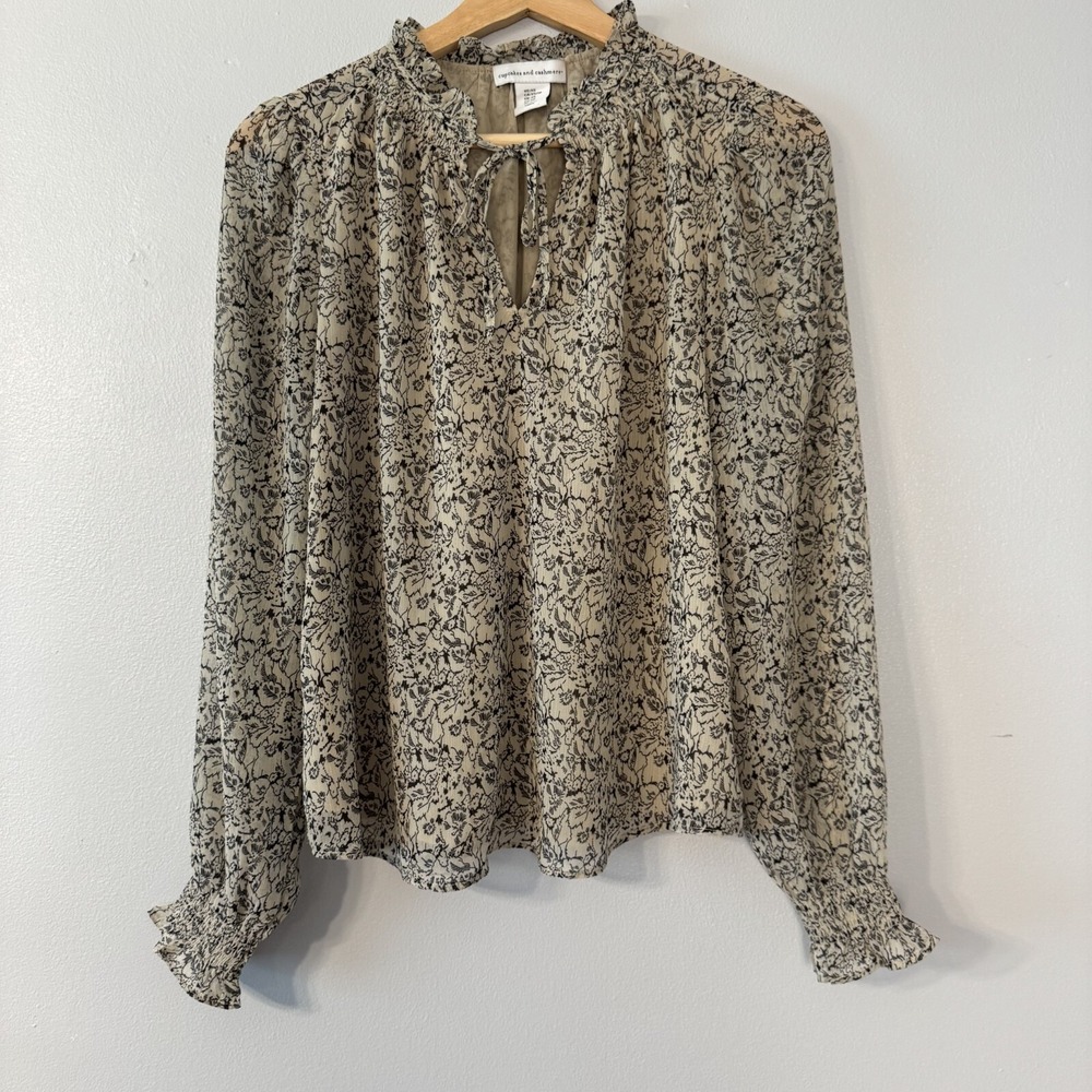 Cupcakes and Cashmere Brown Floral Mock Neck Long Sleeve Top Peasant Neck Tie XS